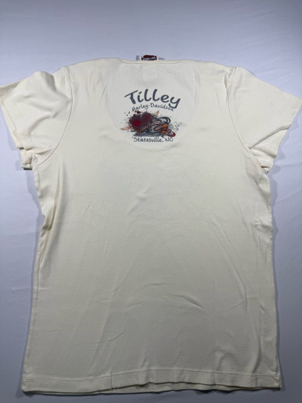 Harley-Davidson Tilley Statesville NC Winged Heart Graphic Tee Cream Women’s XL - Picture 5 of 6